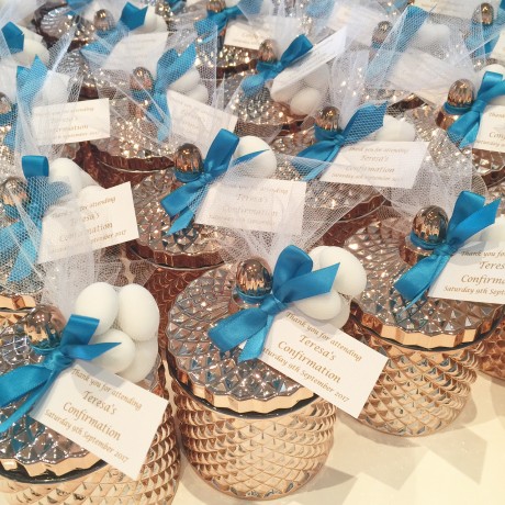 Rose gold glass candle with sugared almonds bonbonniere 